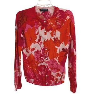Jones New York Collection Pink Orange Red Large Floral Button Cardigan Sweater M